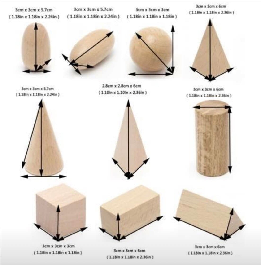 Set of 10 geometric wooden 3D solids, ideal for teaching shapes, math, or STEM learning.