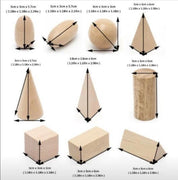 Set of 10 geometric wooden 3D solids, ideal for teaching shapes, math, or STEM learning.