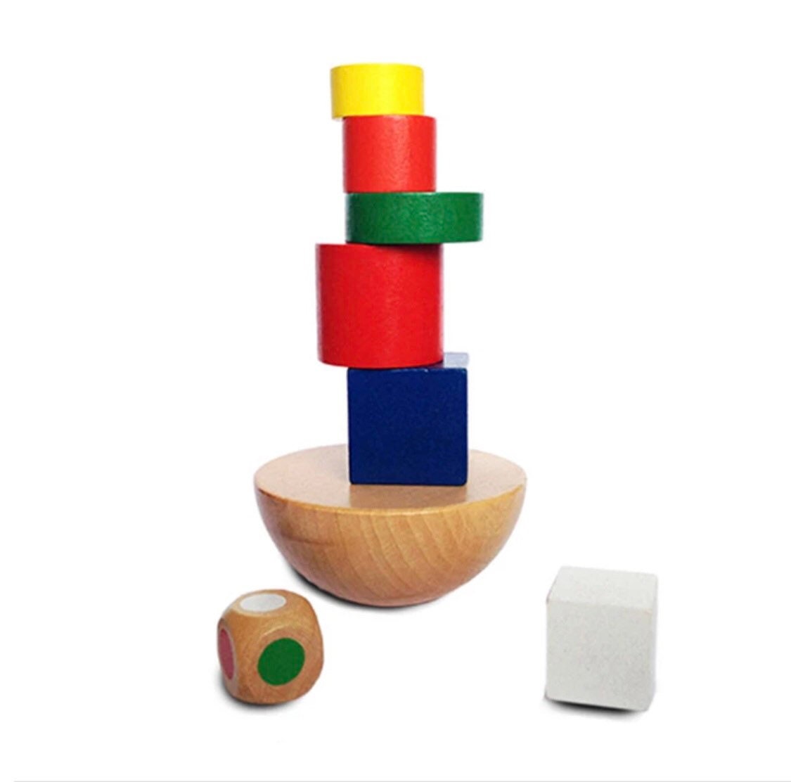 Colorful 8-piece wooden geometric block balancing game. Perfect for improving motor skills and encouraging STEM learning through play.
