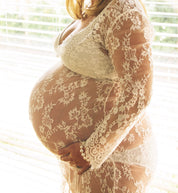 White stunning maternity lace dress, perfect for photoshoot style.