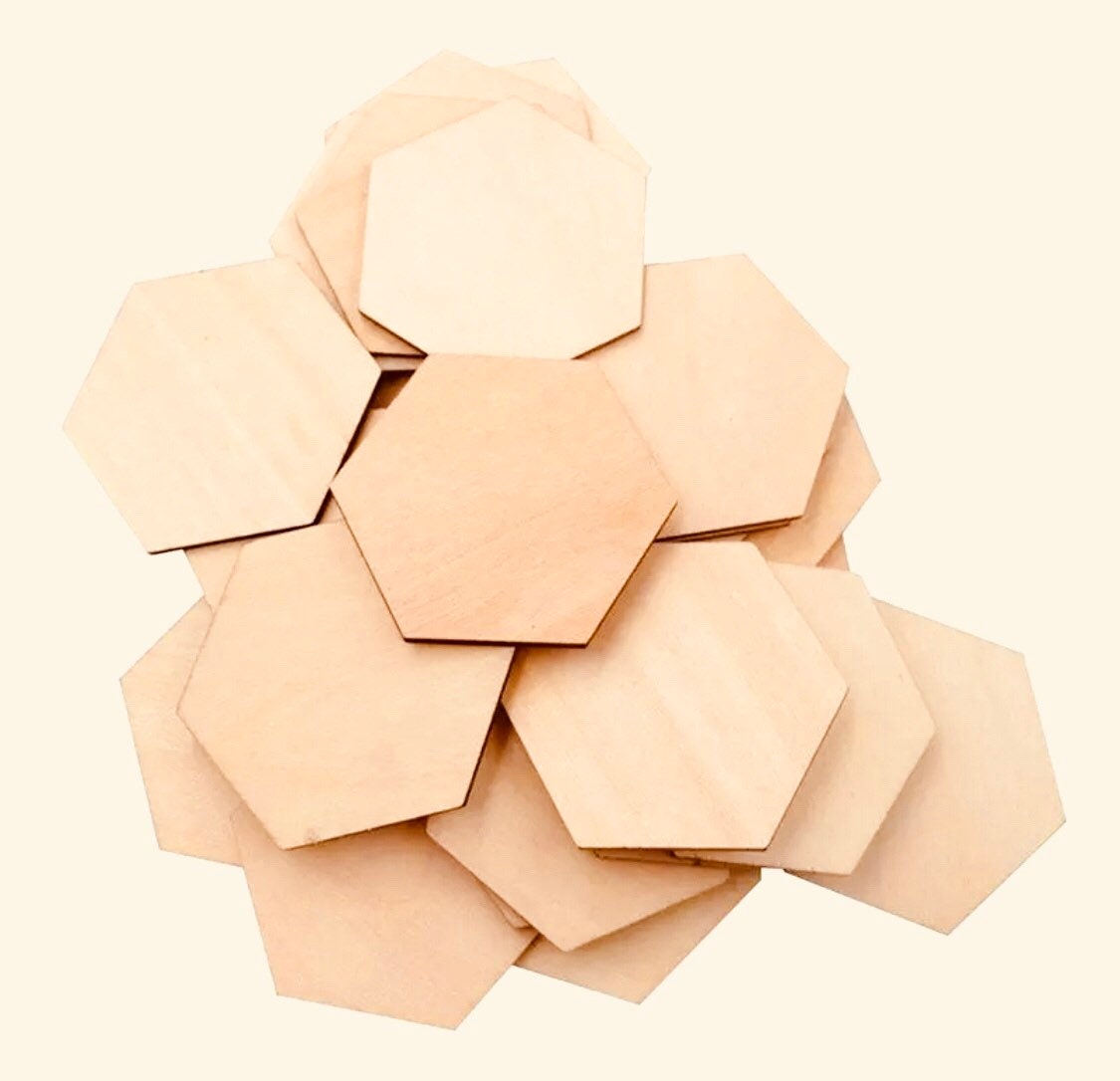 6cm hexagonal wooden tiles, honeycomb-shaped, great for crafting, educational puzzles, and creative decor projects.