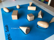 Set of 10 geometric wooden 3D solids, ideal for teaching shapes, math, or STEM learning.