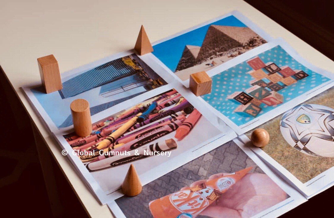 Set of 10 geometric wooden 3D solids, ideal for teaching shapes, math, or STEM learning.