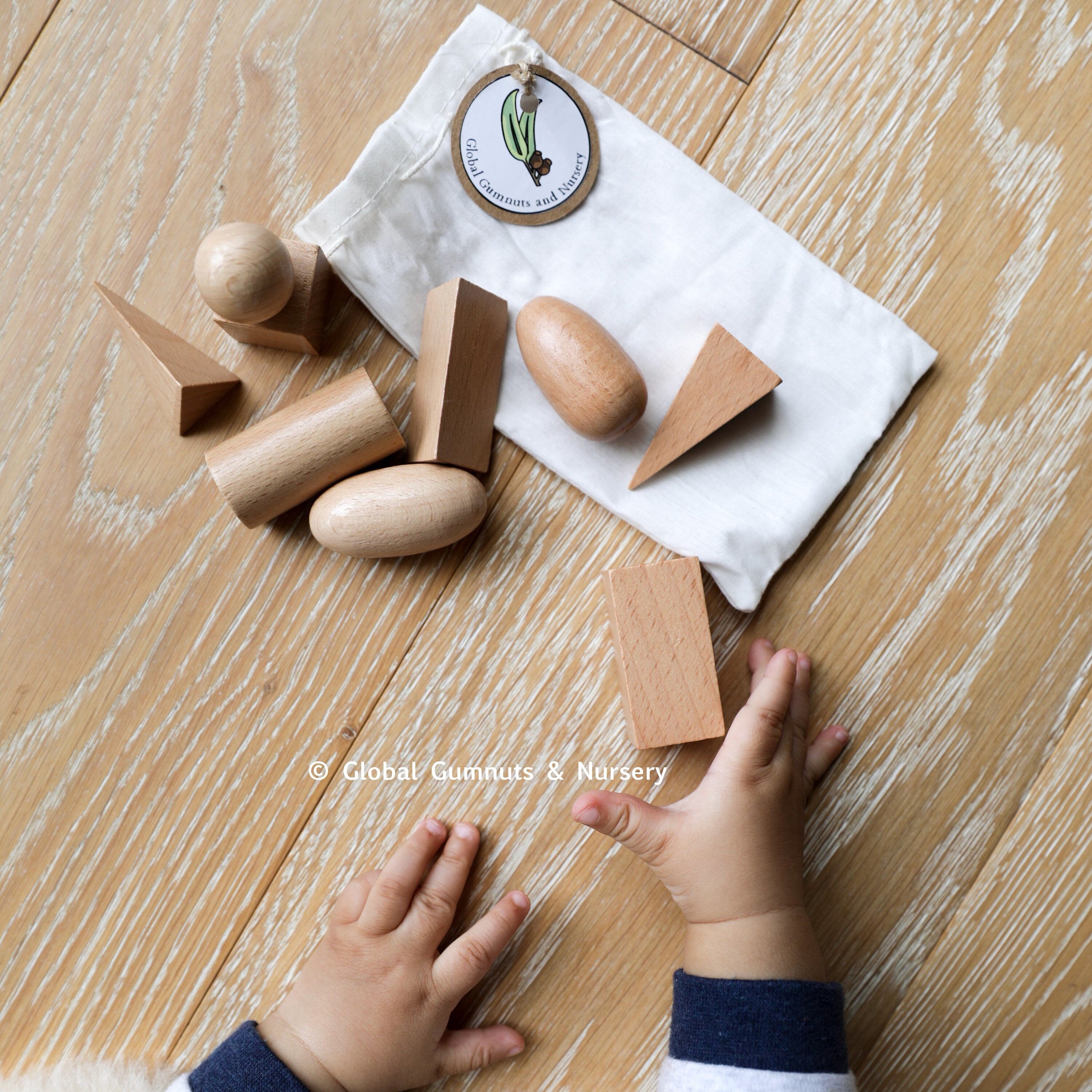 Set of 10 geometric wooden 3D solids, ideal for teaching shapes, math, or STEM learning.