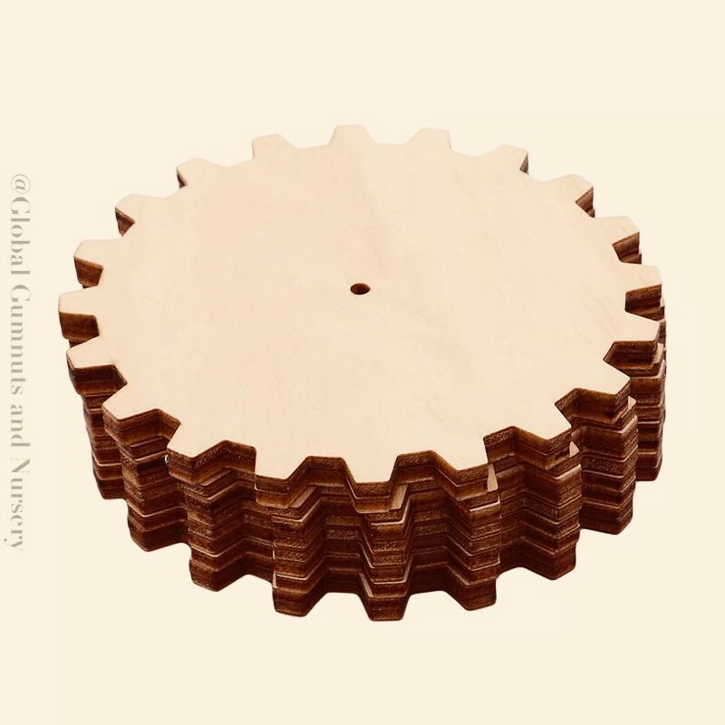 10cm wooden cog tiles in gear shapes, ideal for crafts, educational STEM projects, or rustic decor.