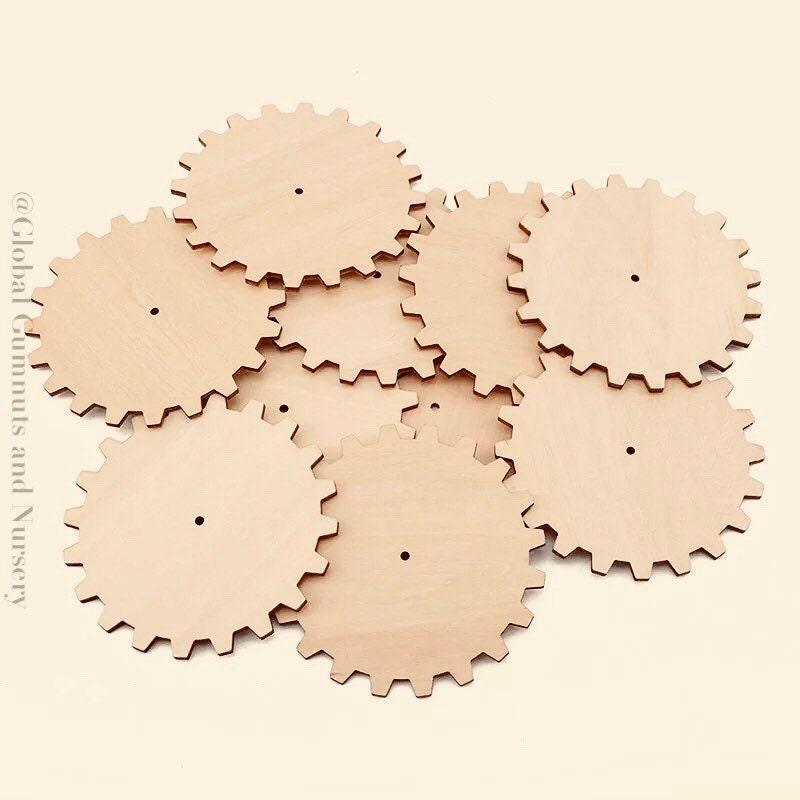 10cm wooden cog tiles in gear shapes, ideal for crafts, educational STEM projects, or rustic decor.