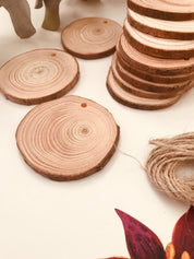 wood slices with drilled hole: natural wood slices with pre-drilled holes, great for crafts, ornaments, or rustic wedding decorations.