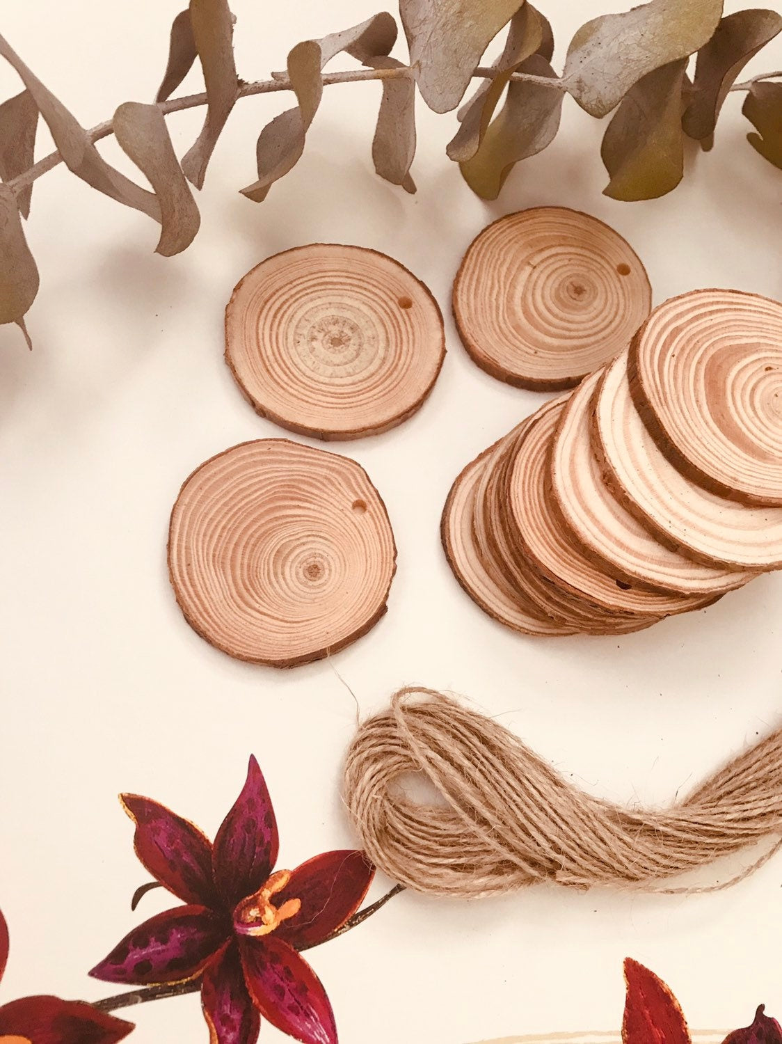 Wood Slices with Drilled Hole: Natural wood slices with pre-drilled holes, great for crafts, ornaments, or rustic wedding decorations.