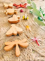 wooden insects set: five-piece set of dragonfly, beetle, and butterfly wooden figures for imaginative play.