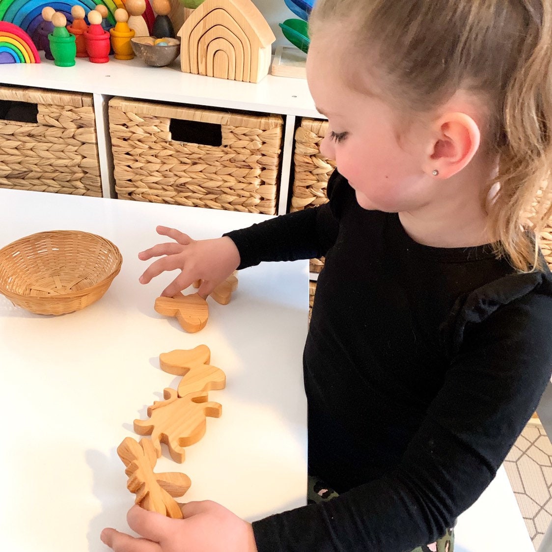 wooden insects set: five-piece set of dragonfly, beetle, and butterfly wooden figures for imaginative play.