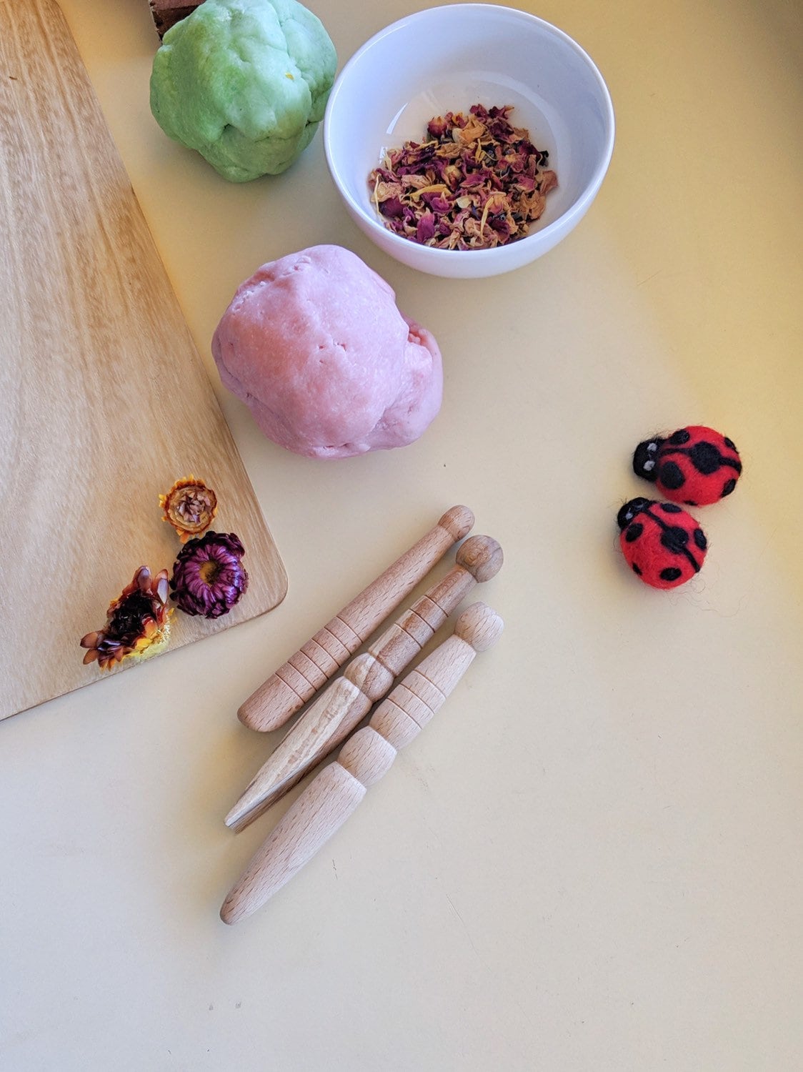 wooden craft tools set: three-piece set for sensory play and modelling.