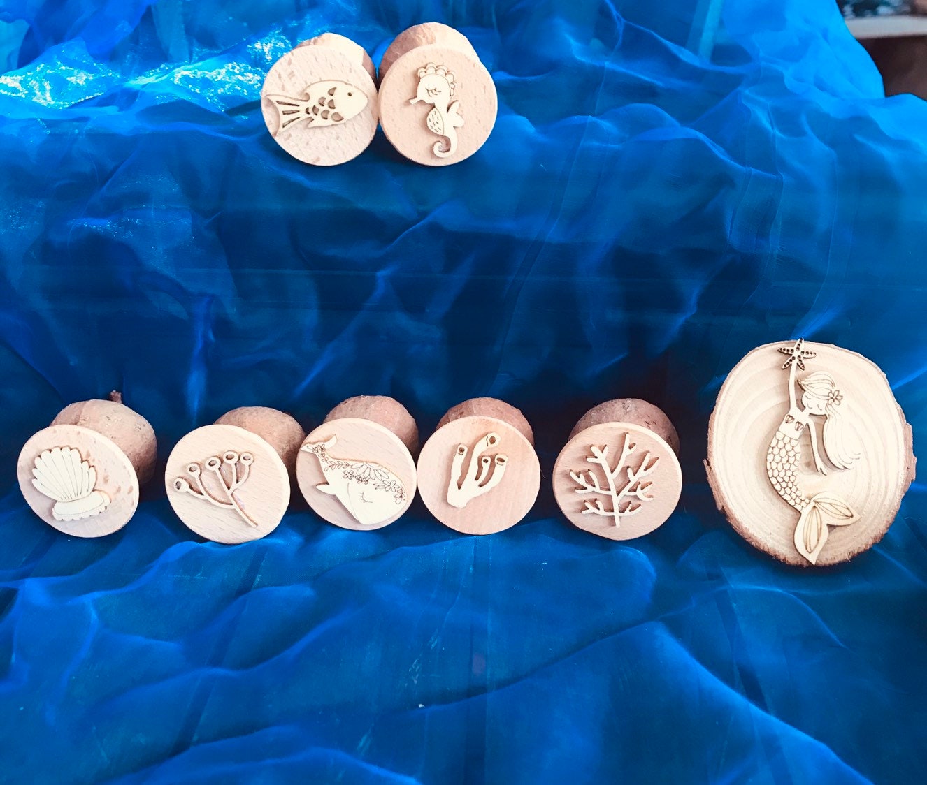 Mermaid Set Gumnut Stamps: Seven-piece mermaid-themed nature stamp set.