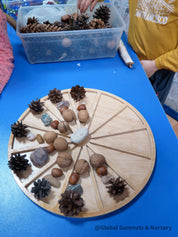 Wooden sorting board with 12 colorful sections for educational activities like counting, color sorting, and clock learning.
