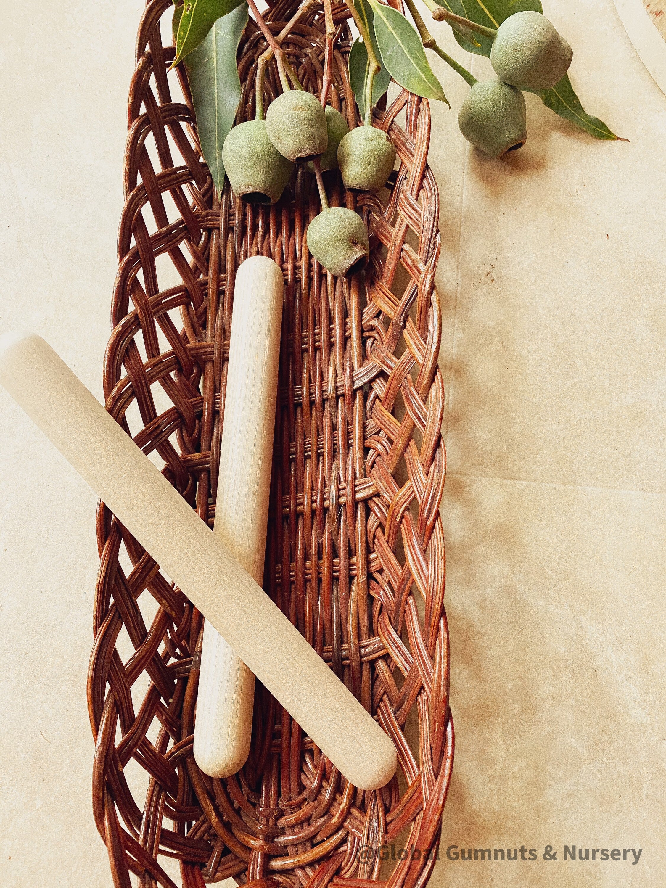 Rounded Wooden Rolling Pin: Rounded-end rolling pin for sensory play and crafts.