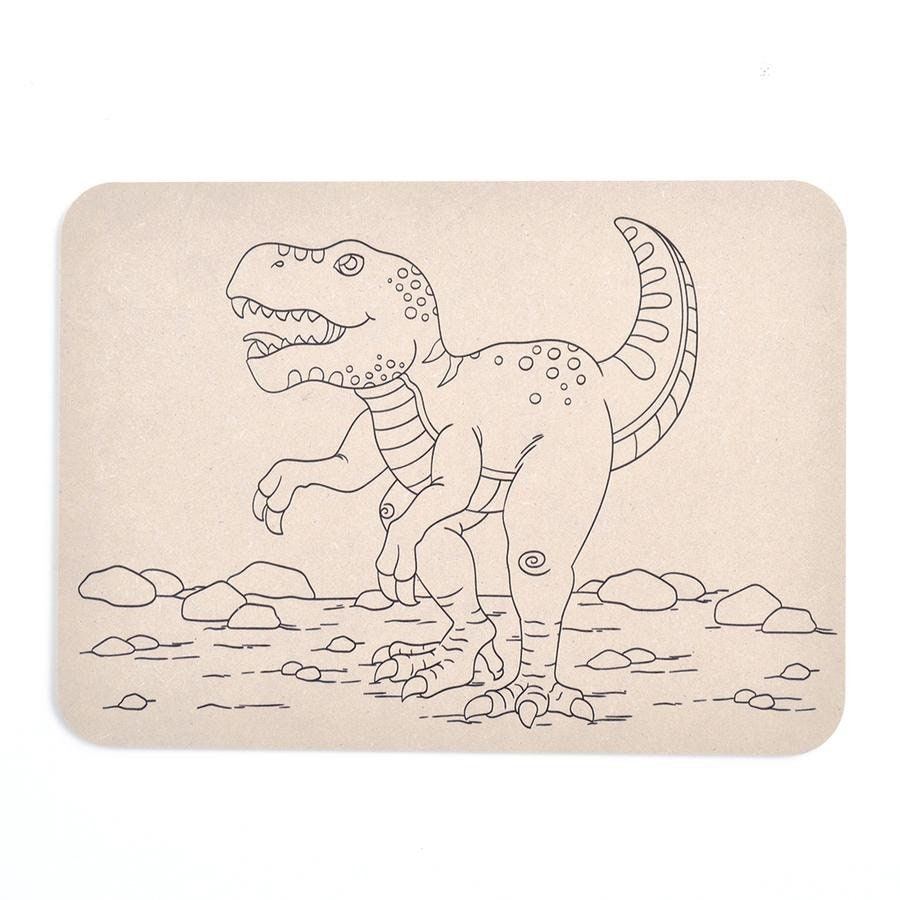 DIY dinosaur playdough board made from raw MDF, perfect for kids' crafting projects, imaginative play, and party favors.