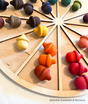 Wooden sorting board with 12 colorful sections for educational activities like counting, color sorting, and clock learning.