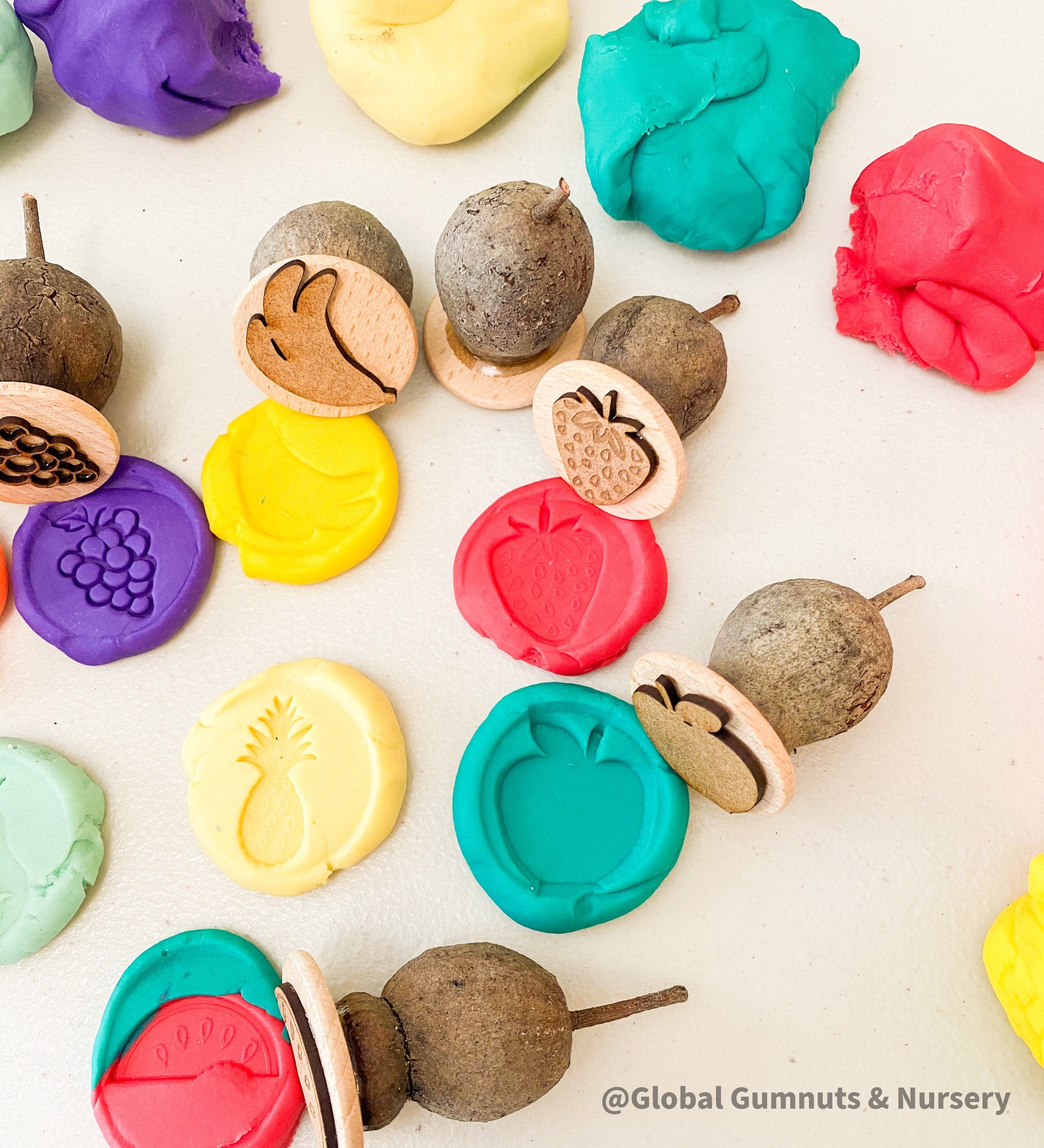 Fruit Salad Stamp Collection: Eight-piece gumnut stamp set with fruit designs.