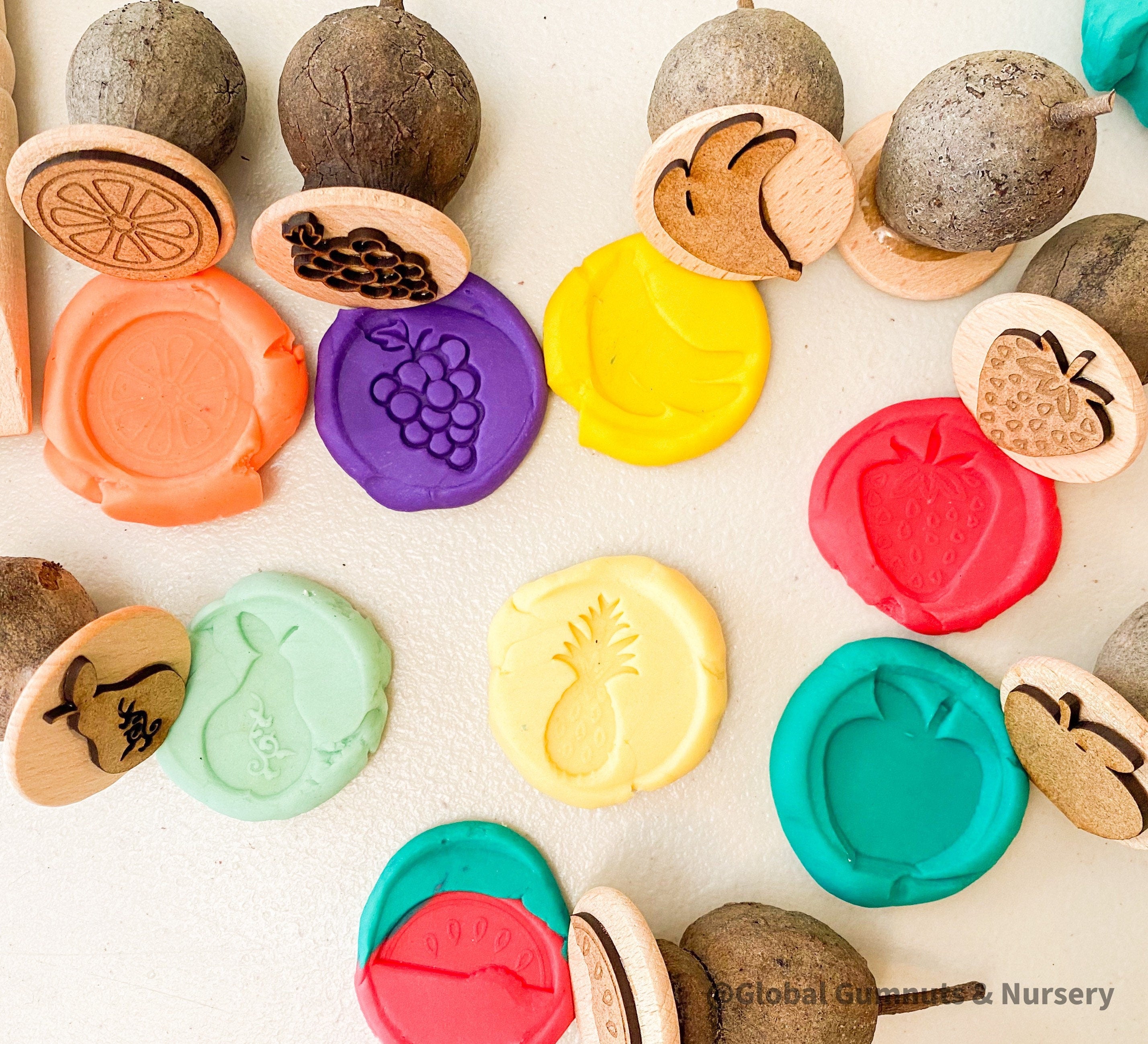 Fruit Salad Stamp Collection: Eight-piece gumnut stamp set with fruit designs.