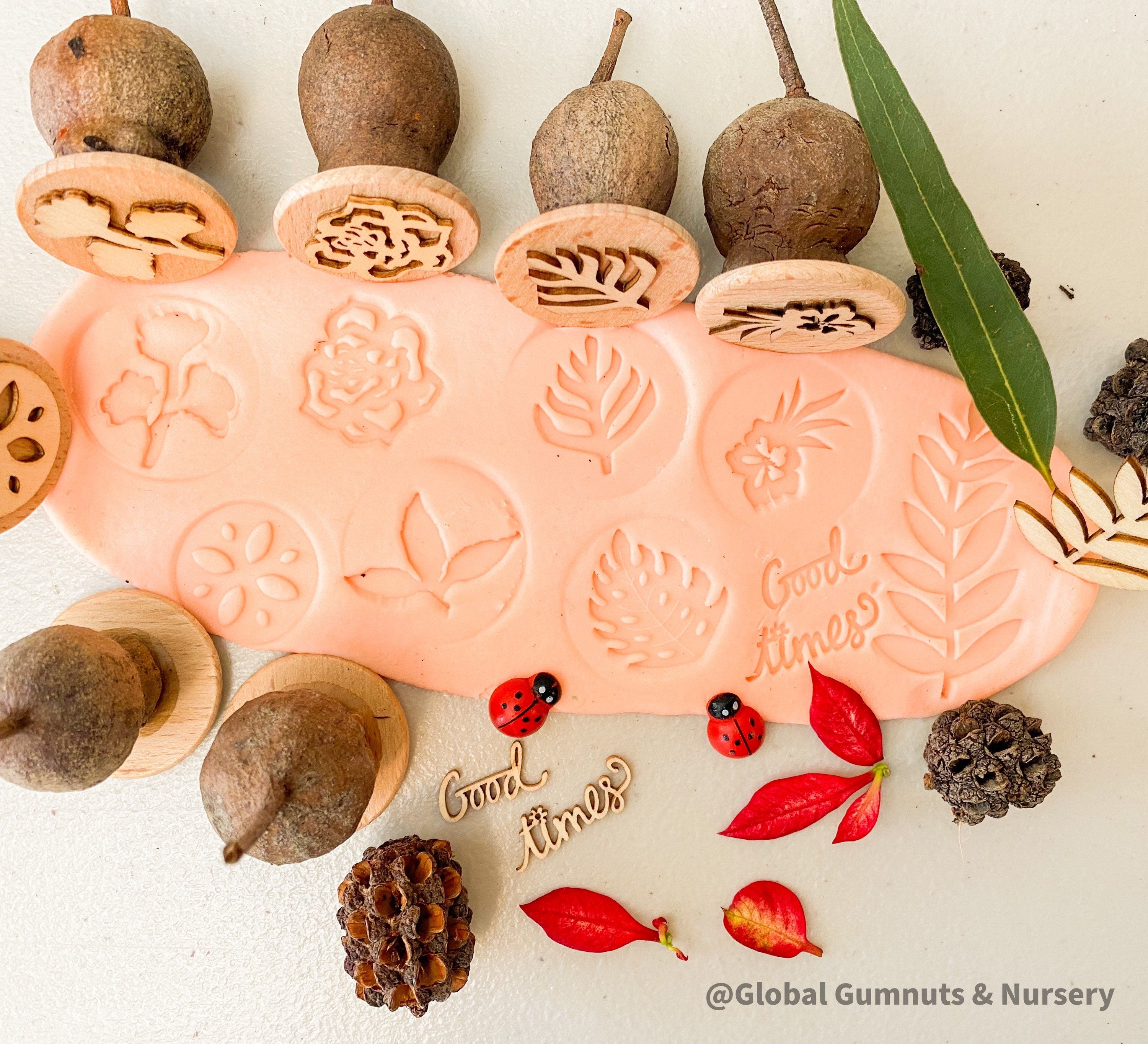 Floral Bliss Stamps: Gumnut stamp set with seven floral-themed stamps.