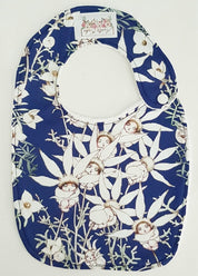 Navy Gumnut Babies Bib: Handmade bib featuring gumnut baby illustrations.