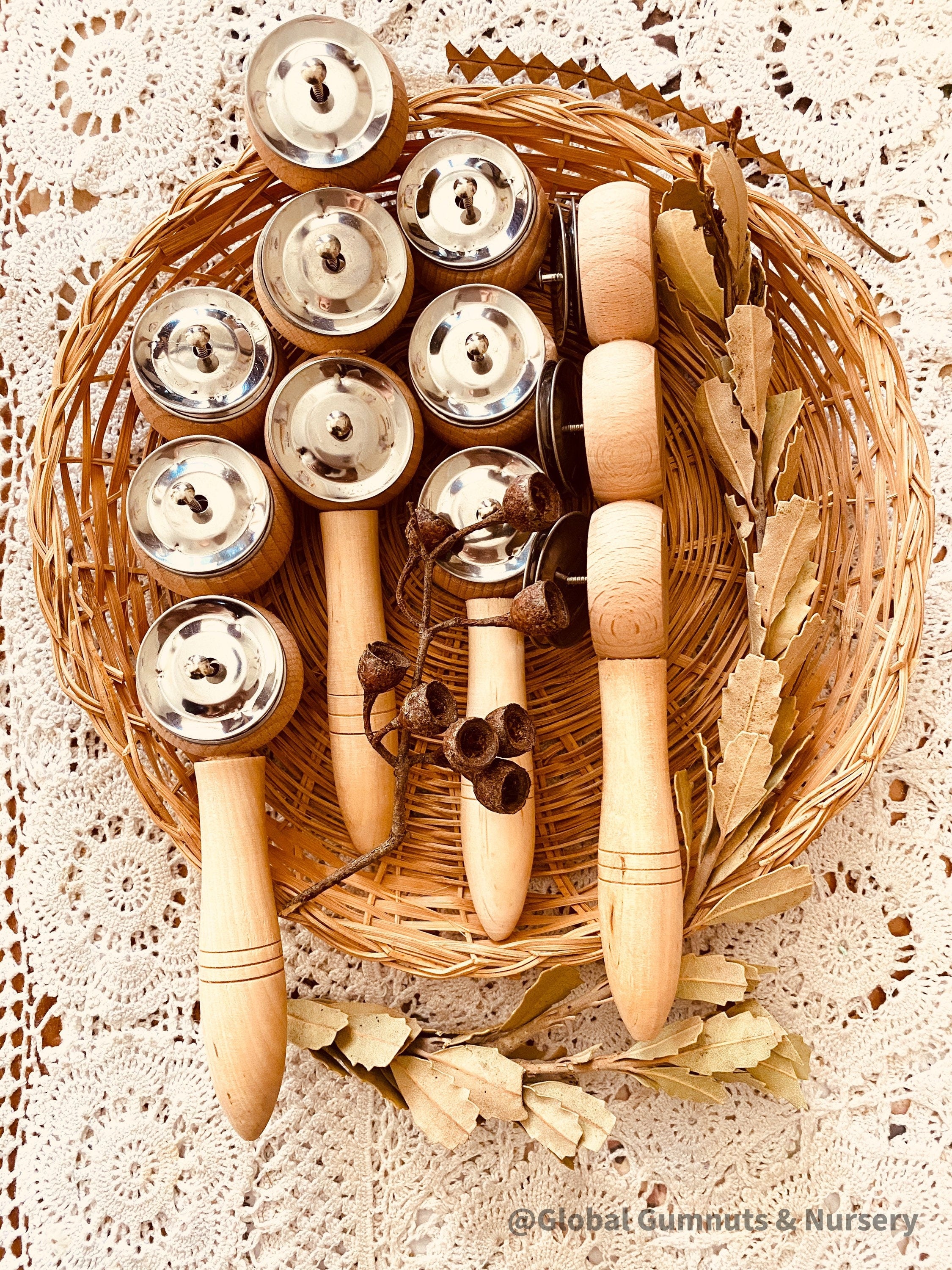 Jackie’s triple symbol shakers, a tactile and colorful musical instrument for play and rhythm exploration.