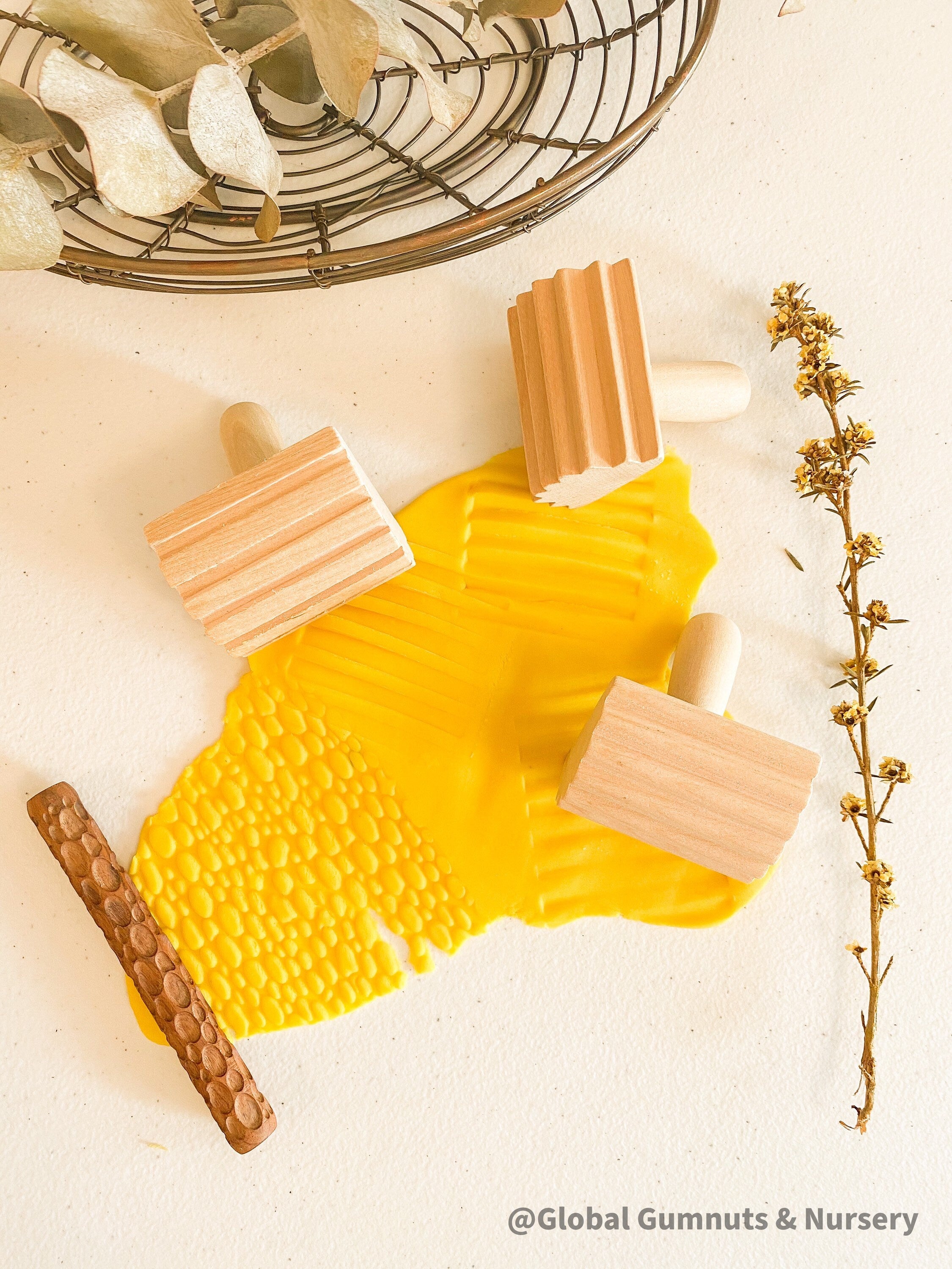 Set of 3 Wooden Stamp Play Tools: Three-piece wooden stamp play tool set designed for sensory and creative play with clay, dough, or patterns.