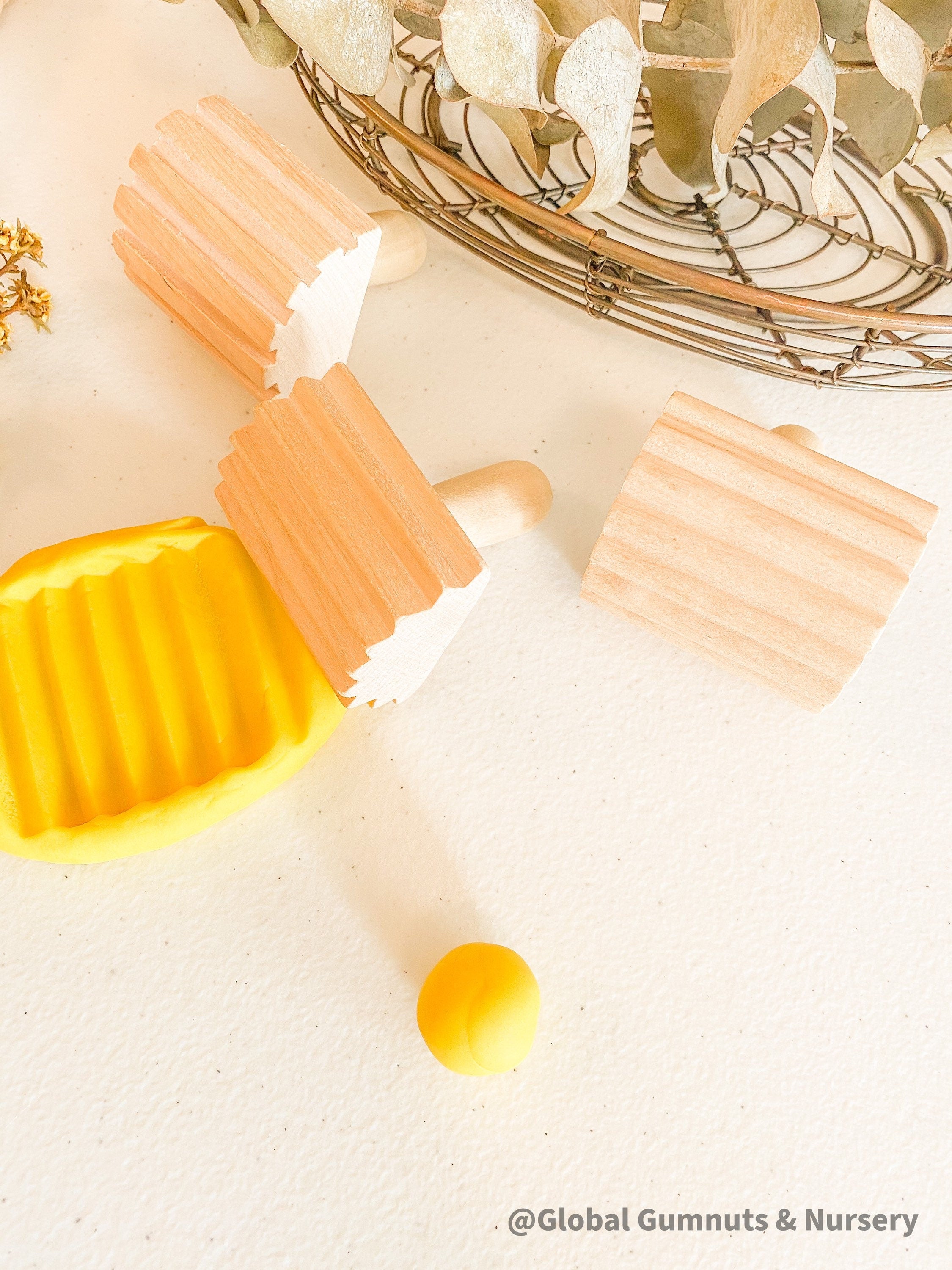 Set of 3 Wooden Stamp Play Tools: Three-piece wooden stamp play tool set designed for sensory and creative play with clay, dough, or patterns.