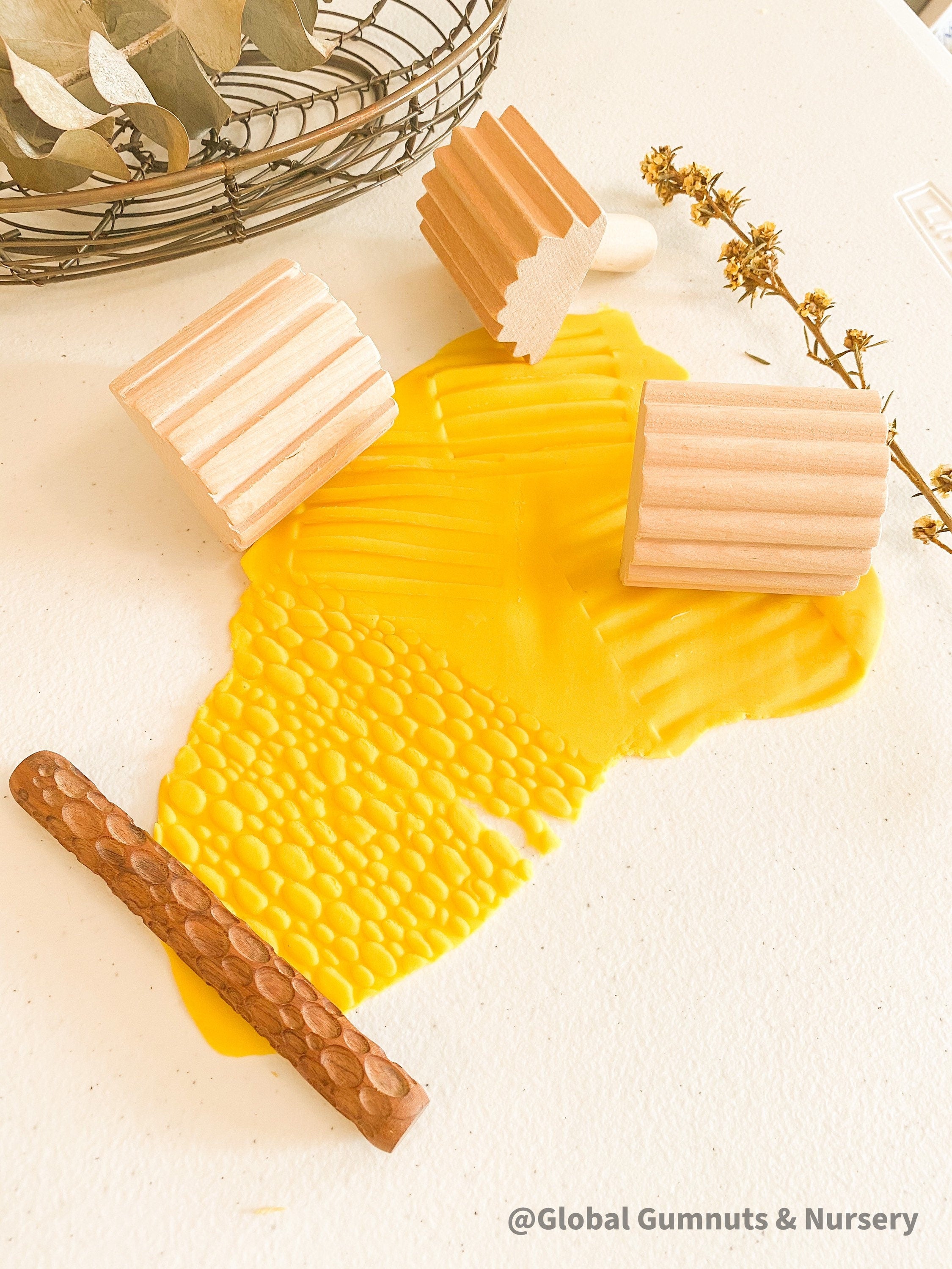 Set of 3 Wooden Stamp Play Tools: Three-piece wooden stamp play tool set designed for sensory and creative play with clay, dough, or patterns.