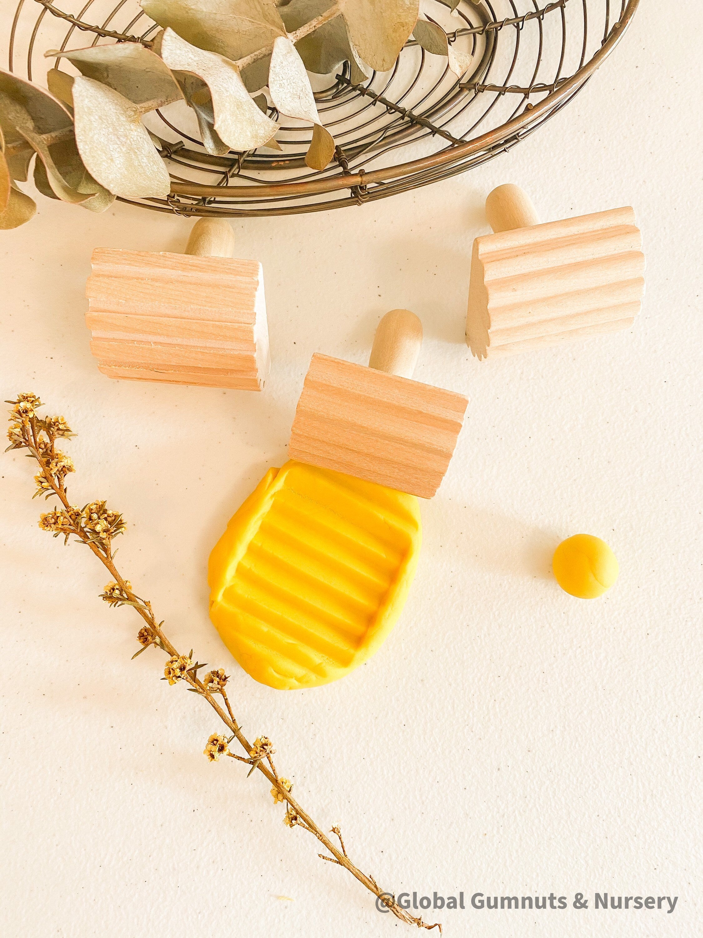 Set of 3 Wooden Stamp Play Tools: Three-piece wooden stamp play tool set designed for sensory and creative play with clay, dough, or patterns.