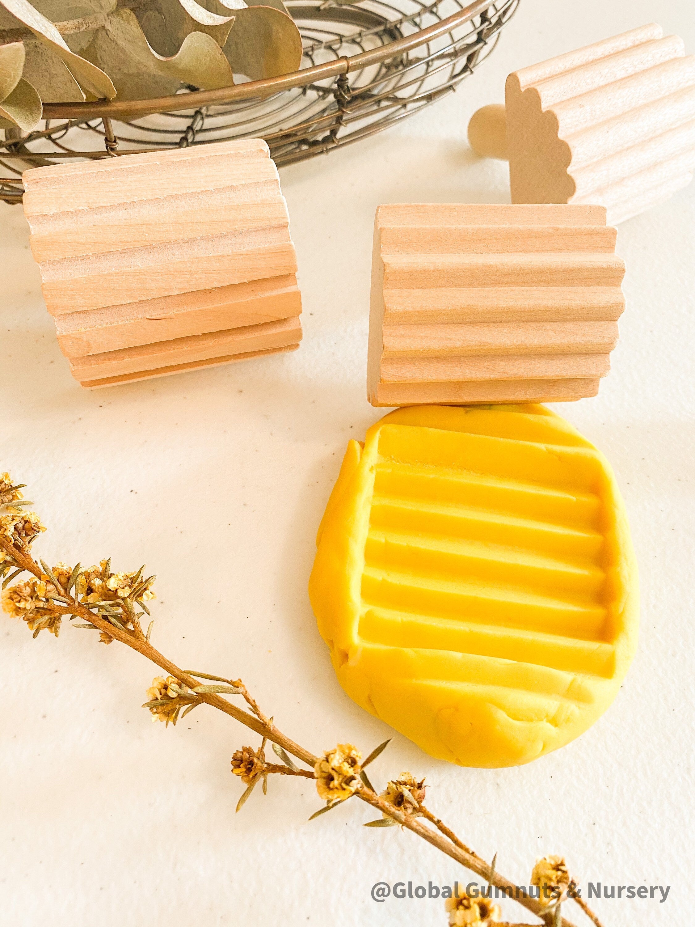 Set of 3 Wooden Stamp Play Tools: Three-piece wooden stamp play tool set designed for sensory and creative play with clay, dough, or patterns.