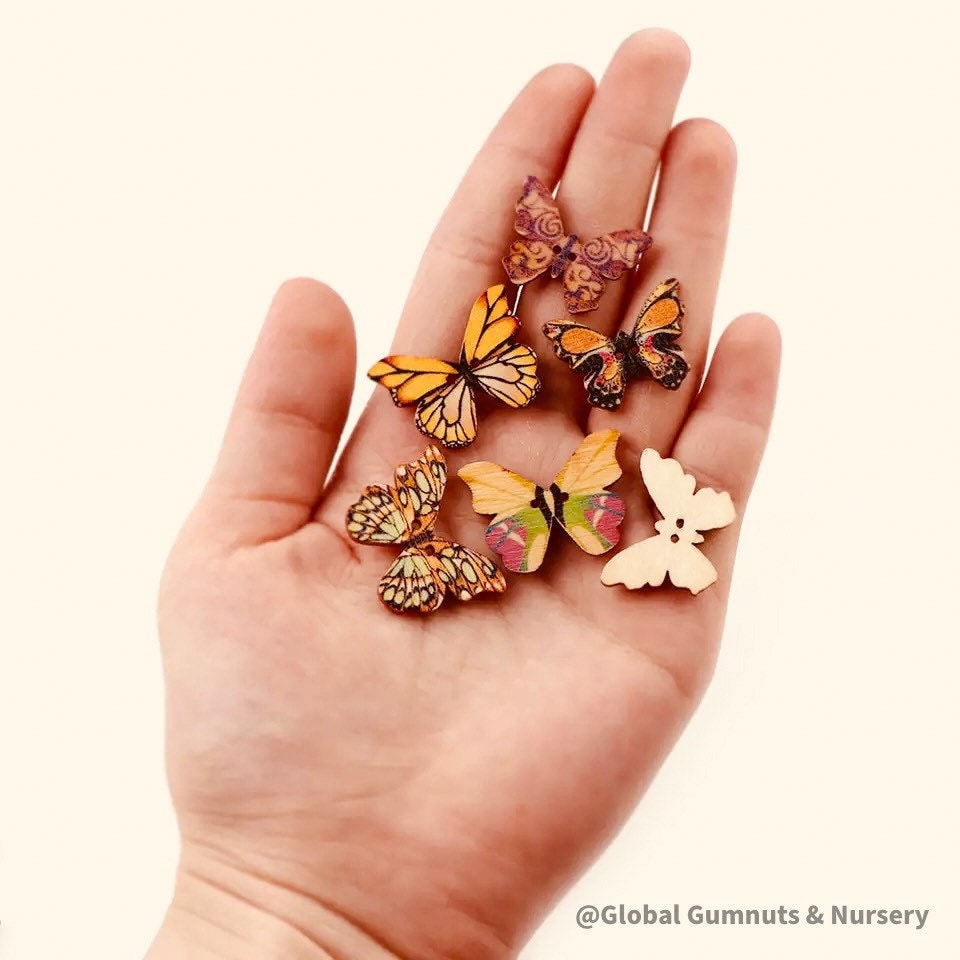 Set of 10 or 20 colorful wooden butterflies, perfect for crafts, decorations, or vibrant small-world play.