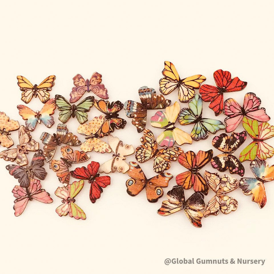 Set of 10 or 20 colorful wooden butterflies, perfect for crafts, decorations, or vibrant small-world play.