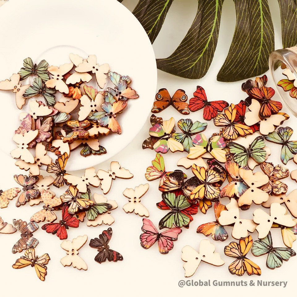 Set of 10 or 20 colorful wooden butterflies, perfect for crafts, decorations, or vibrant small-world play.