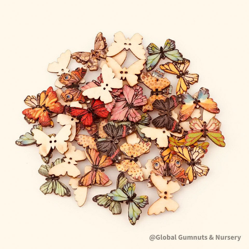 Set of 10 or 20 colorful wooden butterflies, perfect for crafts, decorations, or vibrant small-world play.