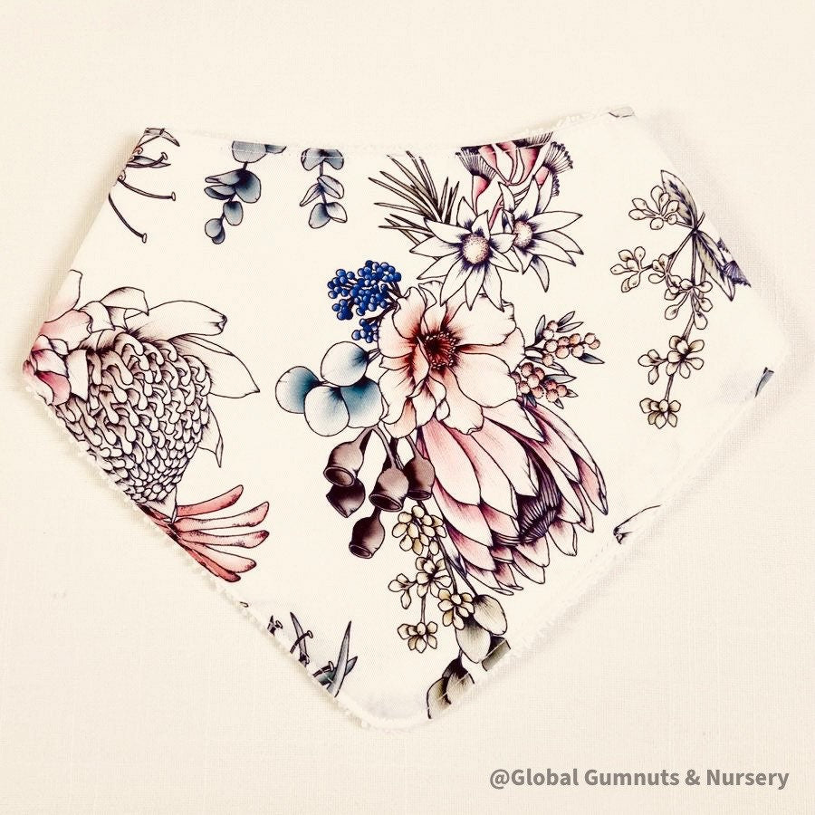 The Native Bunch – Proteas Bib: Handcrafted bib featuring native Australian Proteas design.