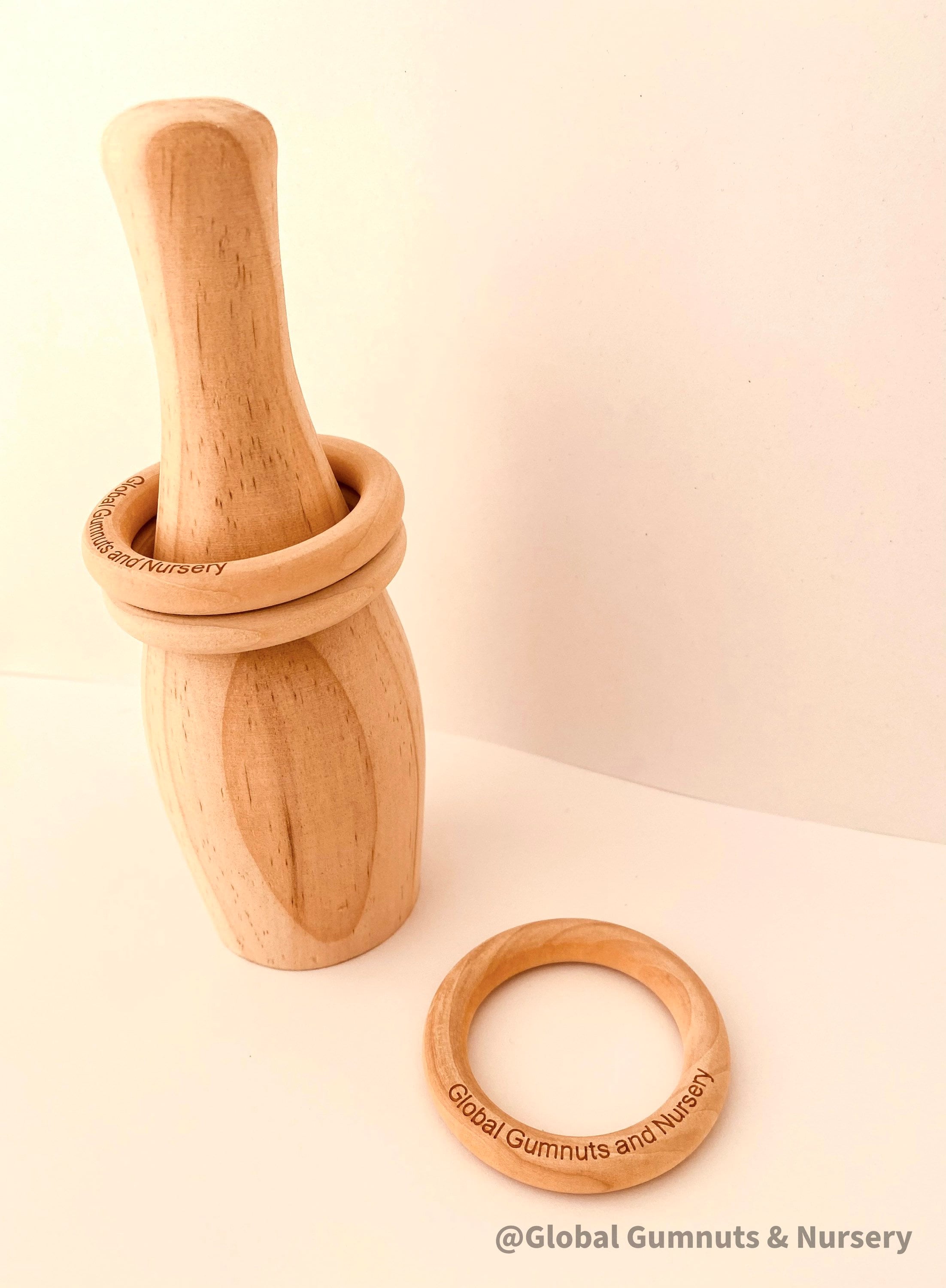 Natural Wooden Bowling Pin Set: Handmade in Western Australia, ideal for ring toss games.