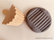 Set of 3 Wooden Stamp Play Tools: Three-piece wooden stamp play tool set designed for sensory and creative play with clay, dough, or patterns.