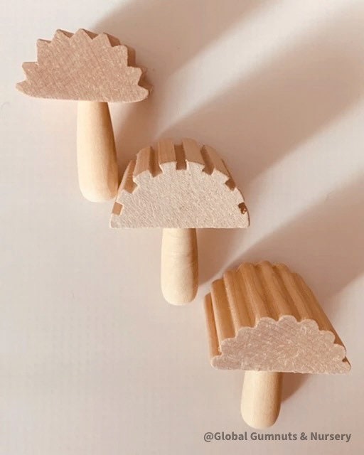 Set of 3 Wooden Stamp Play Tools: Three-piece wooden stamp play tool set designed for sensory and creative play with clay, dough, or patterns.