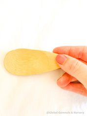 Flat rounded wooden scooper, a child-sized tool for small-world play or natural exploration.