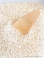Flat rounded wooden scooper, a child-sized tool for small-world play or natural exploration.