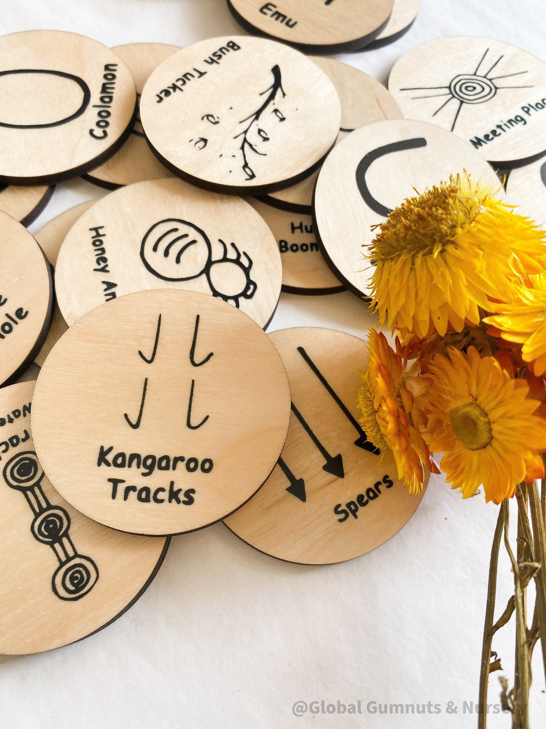 Indigenous Symbols (Birch Wood): NAIDOC Week educational set in natural wood.