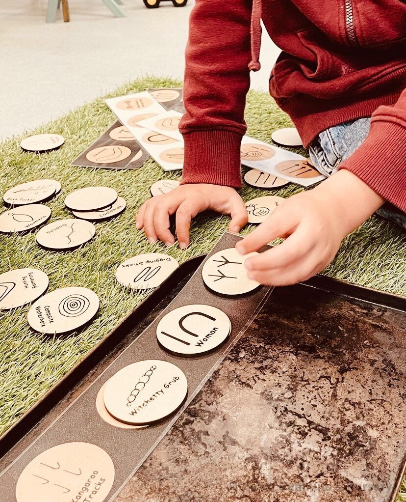 Indigenous Symbols (Birch Wood): NAIDOC Week educational set in natural wood.