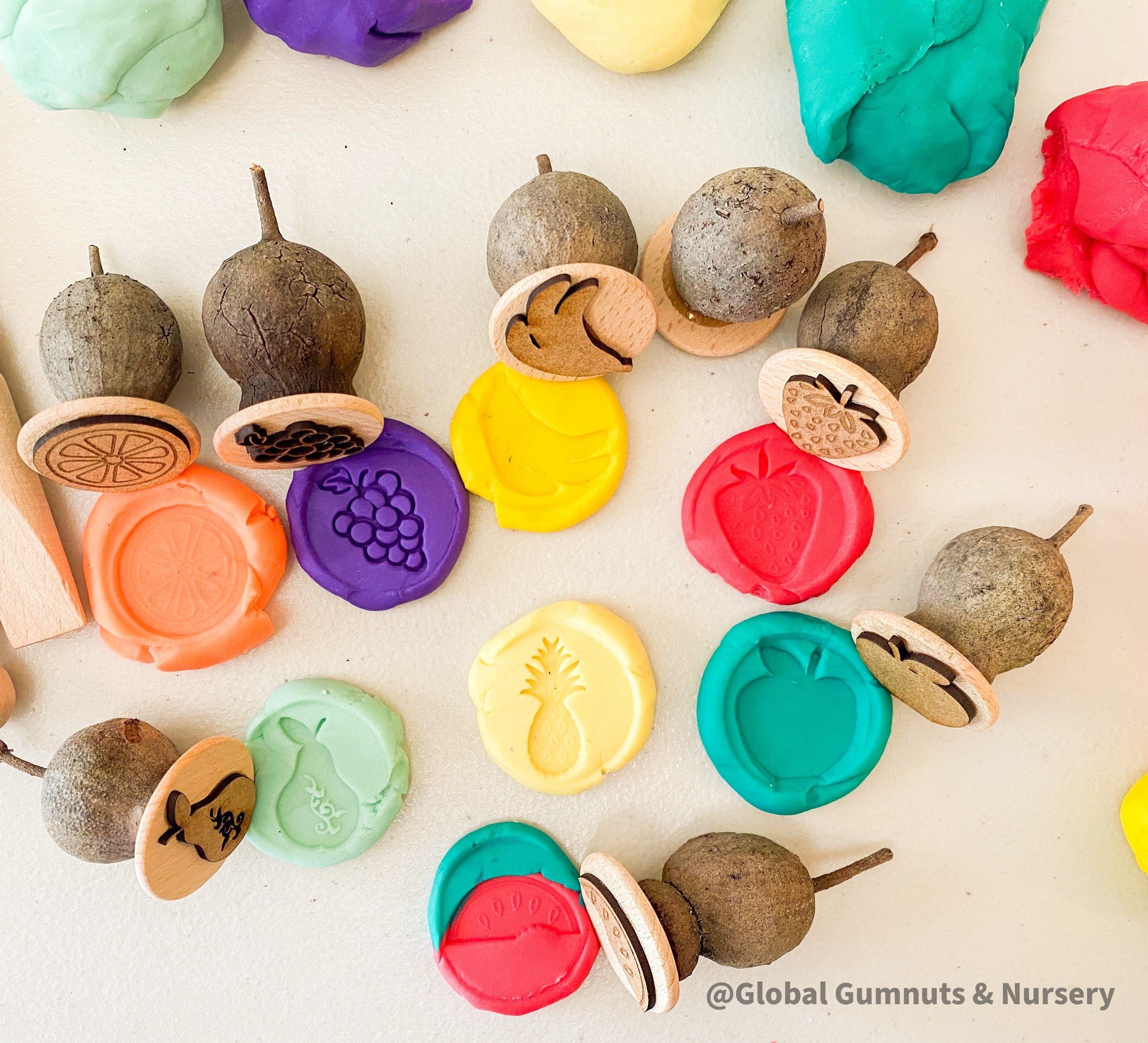 Fruit Salad Stamp Collection: Eight-piece gumnut stamp set with fruit designs.