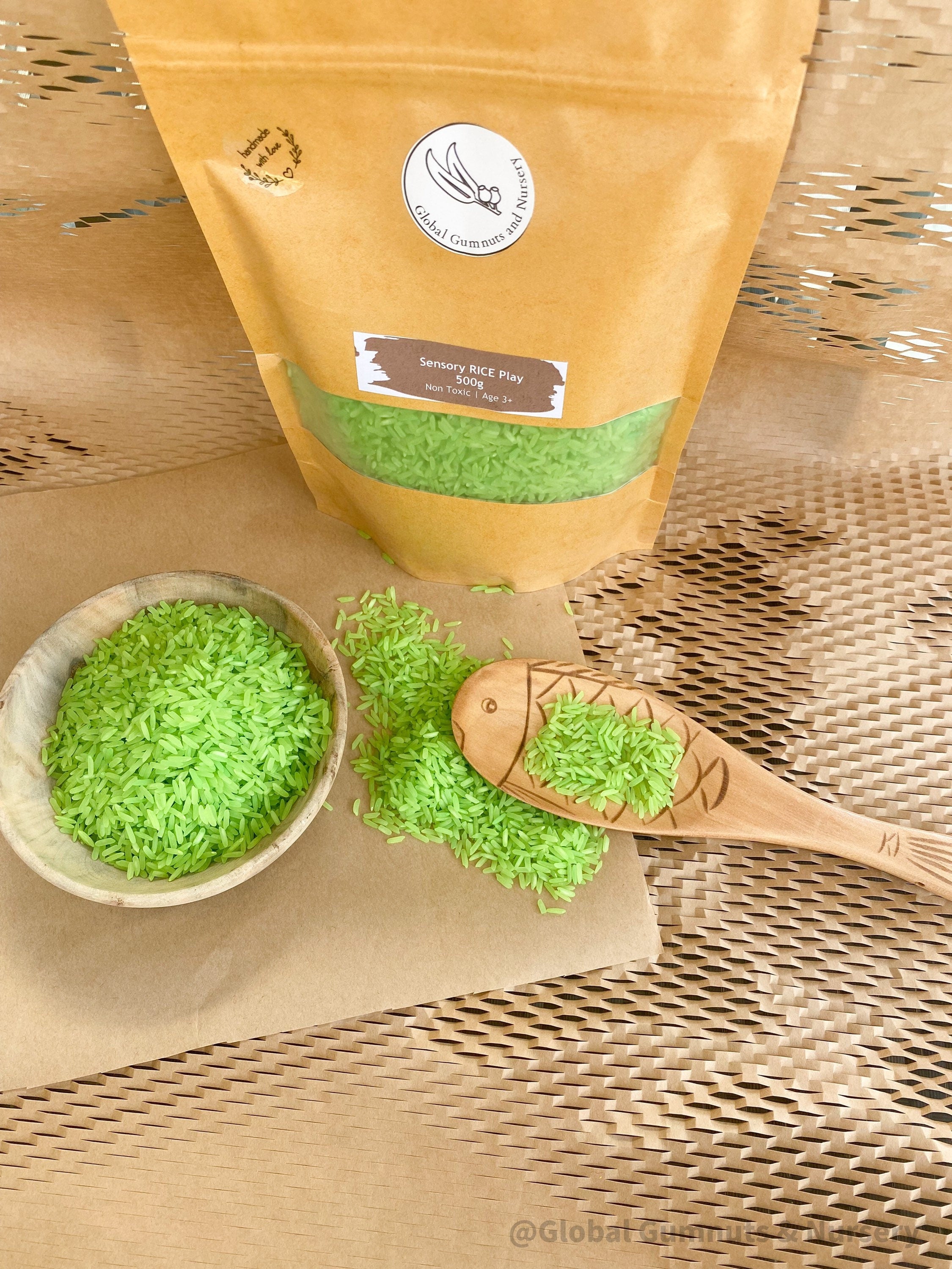 Green Sensory Rice: 200 or 400 grams of vibrant green sensory rice for play.