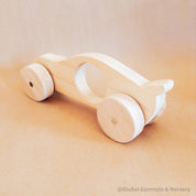 Race Car with Spoiler: Handmade wooden race car with push-pull functionality.