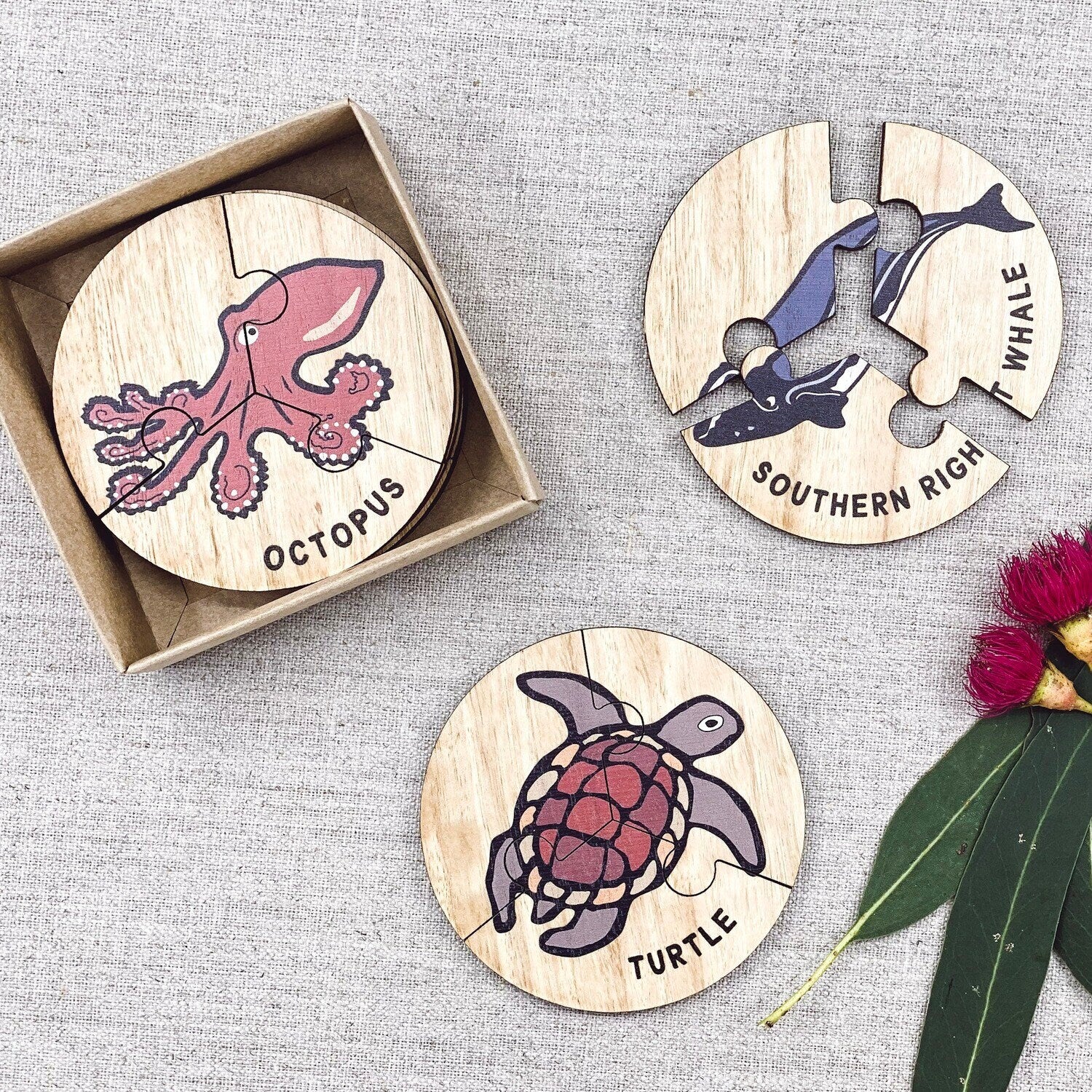 Set of 6 Australian ocean animal jigsaw puzzles, made from timber, celebrating native wildlife. Fun and educational for all ages.