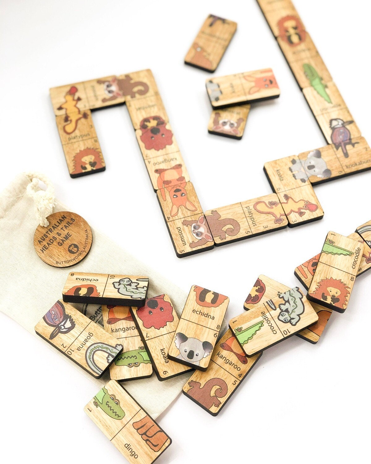Heads and Tails game featuring Australian native animals, a wooden Montessori toy for fun learning.