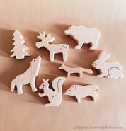 Birch Wood Forest Animal Play Set: 8-piece wooden set featuring woodland creatures.