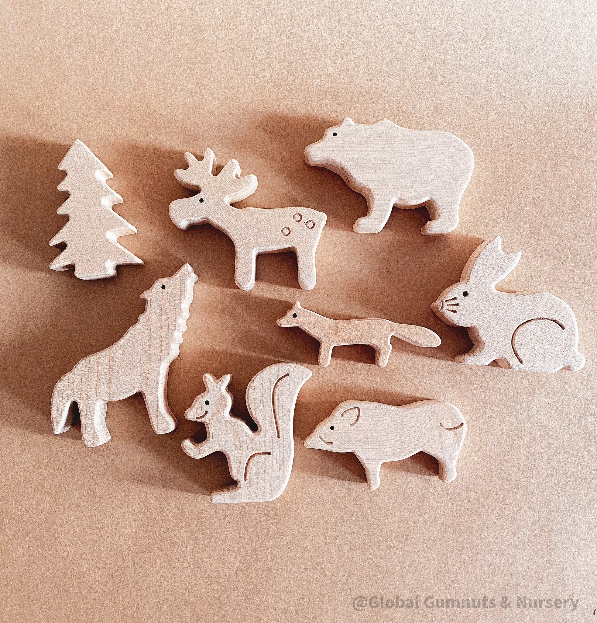 Birch Wood Forest Animal Play Set: 8-piece wooden set featuring woodland creatures.