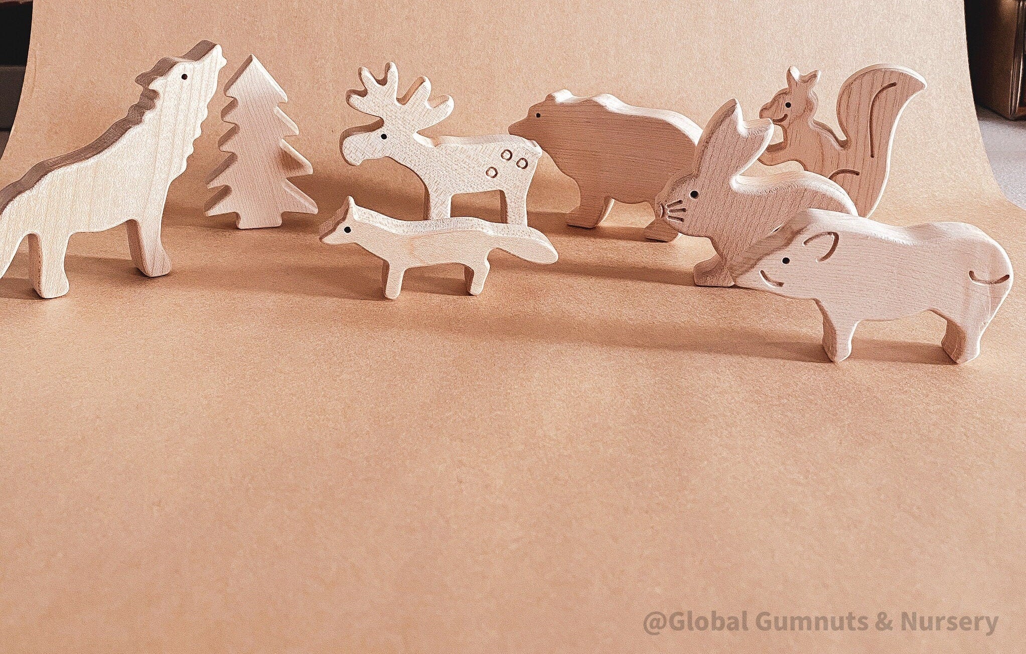 Birch Wood Forest Animal Play Set: 8-piece wooden set featuring woodland creatures.